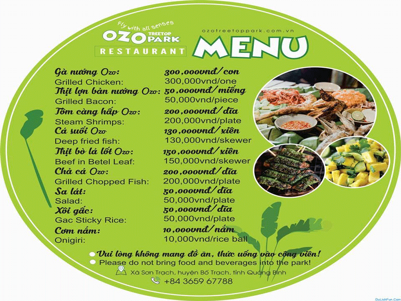 Menu đồ ăn tại nhà hàng Ozo