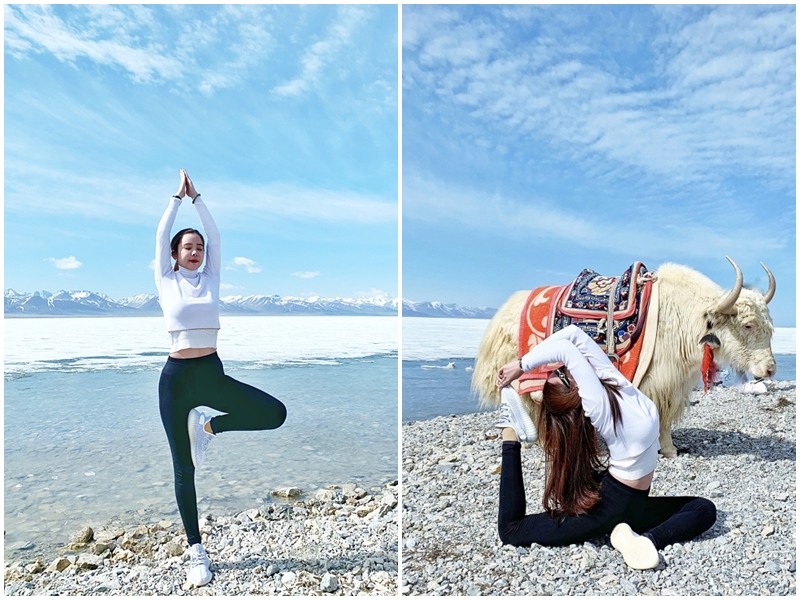 Huỳnh Vy tập Yoga ngay bên bờ hồ Namtso 