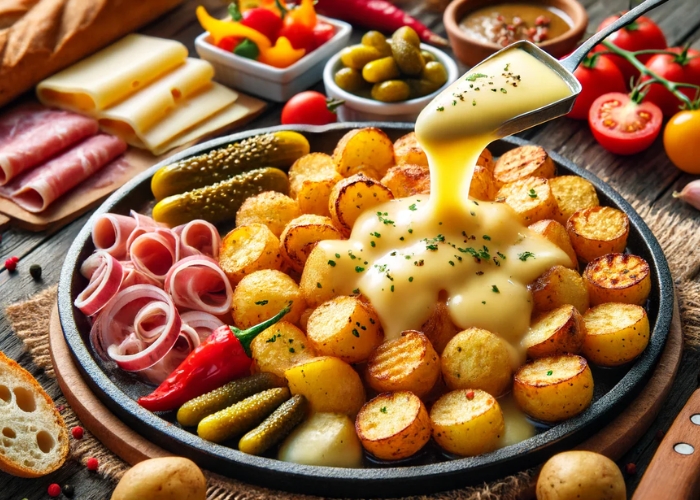 Món phô mai Raclette được nung chảy và sau đó được rưới lên khoai tây