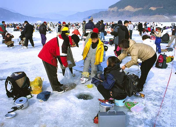 Câu cá trên băng mùa đông Hàn Quốc