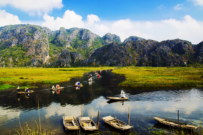 Tour du lịch Ninh Bình - Du khách ngồi trên thuyền ngắm đồng lúa chín vàng