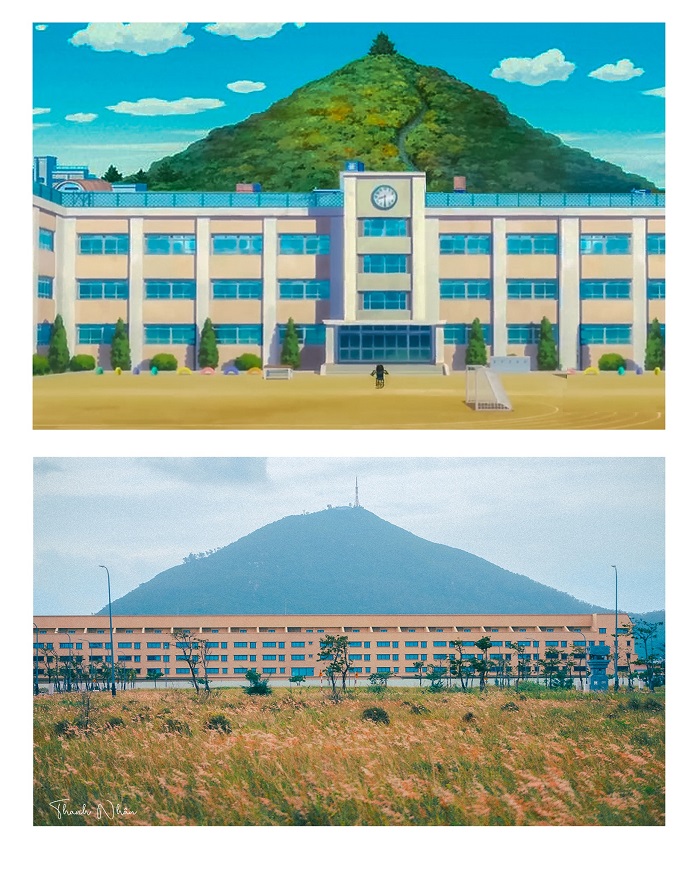 Hình ảnh ngọn núi sau trường trong Doraemon giống núi Chóp Chài đến bất ngờ
