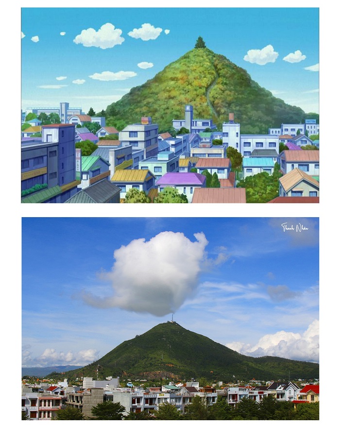 Hình ảnh ngọn núi sau trường trong Doraemon giống núi Chóp Chài đến bất ngờ