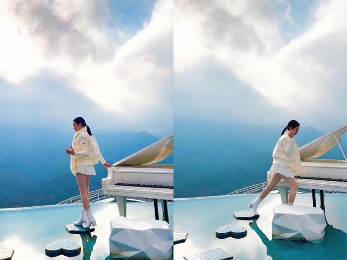 Lệ Quyên thanh tao với trang phục trắng bên chiếc đàn piano