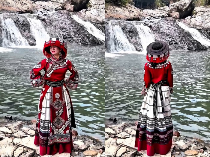 Nữ ca sĩ thả dáng dưới chân thác. 