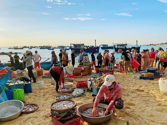 Cảnh mua bán hải sản tấp nập tại làng chài Xuân Hải Phú Yên