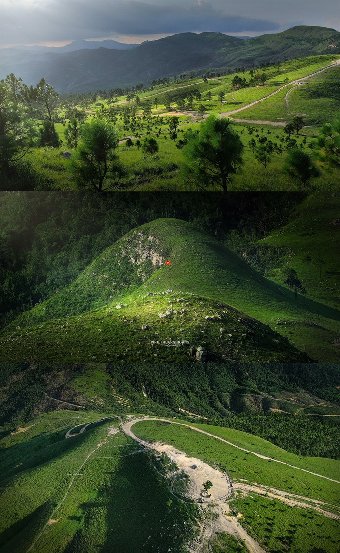 Toàn cảnh những đồi cỏ xanh nối tiếp nhau tại Đỉnh Phượng Hoàng nhìn từ trên cao, nơi các lối mòn uốn lượn tạo nên điểm nhấn đặc trưng của cung đường trekking. 
