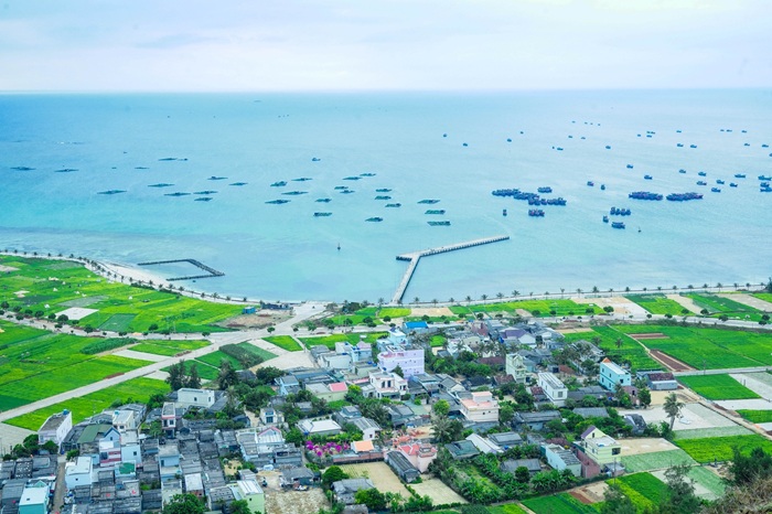 Toàn cảnh đảo Lý Sơn nhìn từ trên cao với những cánh đồng tỏi xanh mướt trải dài bên bờ biển. 