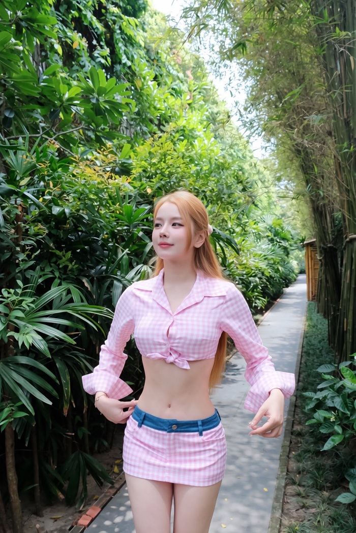 Nữ DJ khoe vẻ trẻ trung trong bộ váy caro kết hợp áo sơ mi buộc vạt khi khám phá các điểm đến du lịch.