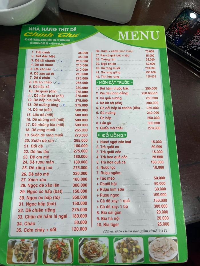 Menu quán ăn ngon ở Ninh Bình rất đa dạng