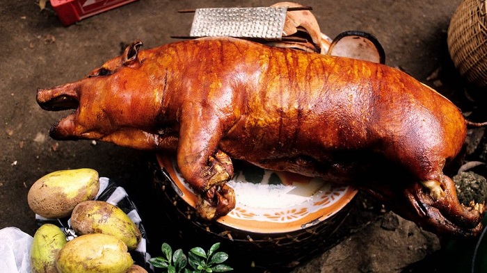 Heo sữa (heo con) được nhồi với ớt, tỏi, hành tím, nghệ, gừng, ớt và chả cá rồi quay trên ngọn lửa trấu trong nhiều giờ