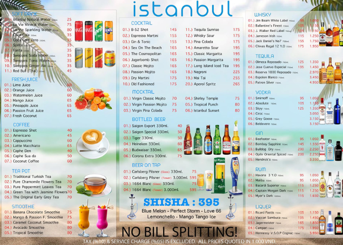 Menu của quán Istanbul Beach Club