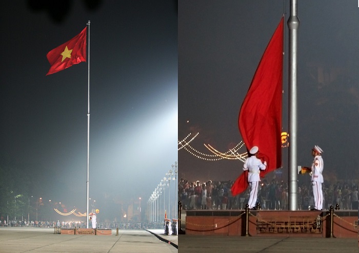 Lá cờ được gấp lại gọn gàng, chuẩn bị kết thúc Lễ hạ cờ Lăng Chủ tịch Hồ Chí Minh