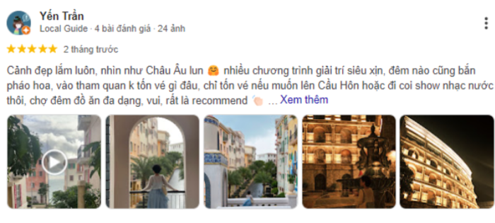 Review thị trấn hoàng hôn của bạn Yến Trần: ấn tượng với kiến trúc tại thị trấn Hoàng hôn cũng như những hoạt động vui chơi tại đây, đặc biệt là chương trình bắn pháo hoa mỗi tối